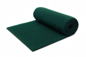 Green carpet roll partially unrolling, revealing texture and potential for interior design and home renovation planning