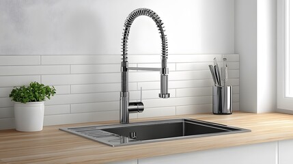 Modern Kitchen Sink with Chrome Gooseneck Faucet