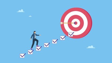Smart businesswoman walk up checklist as staircase to achieve target. Personal development plan for career success, build specialist skill or competence to motivate and achieve business target.