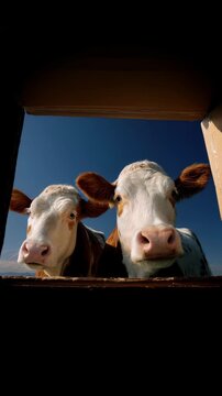 Two cows peering into the frame from inside an open box