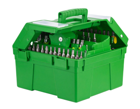Compact Green Tool Box with Layered Compartments of Small Tools, Side Perspective, Isolated