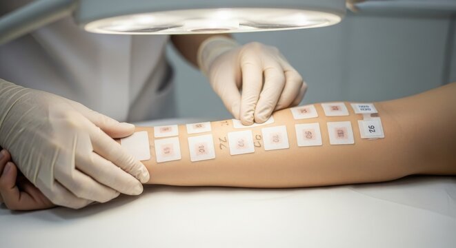 Dermatologist Performing Allergy Patch Test on Patients Arm.