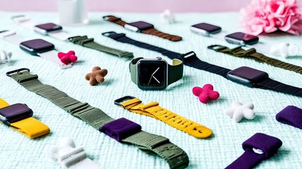 Smartwatch bands, various colors, styled flatlay, pastel background, e-commerce