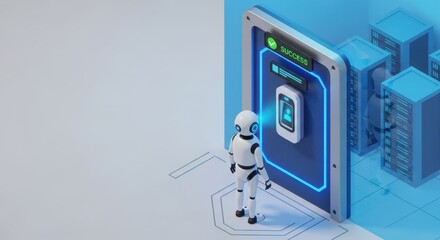 Futuristic access control system with biometric scanner and robot guardian in data center