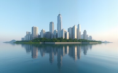 Fototapeta premium Calm waters reflect floating city island with gleaming skyscrapers high resolution picture. High quality