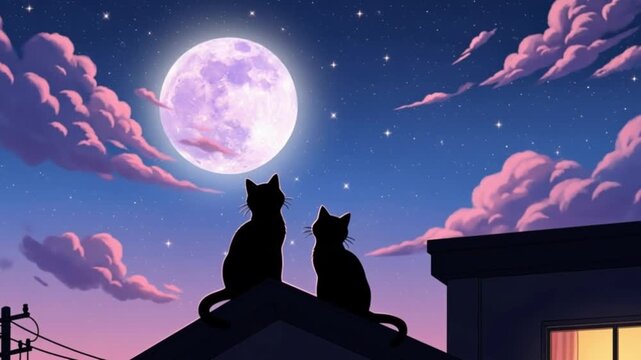 Two Cats Silhouetted Under a Glowing Moonlit Night Sky