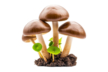 Mushrooms are growing in cluster with small green sprouts emerging from the dark soil.