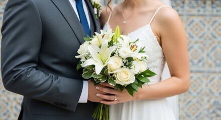 Bride holding a white flower bouquet standing next to the groom in a gray suit and blue tie close up
