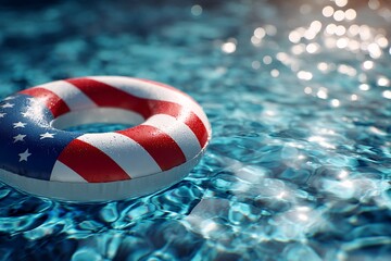Naklejka premium Inflatable Ring Float with American Flag Design in Swimming Pool