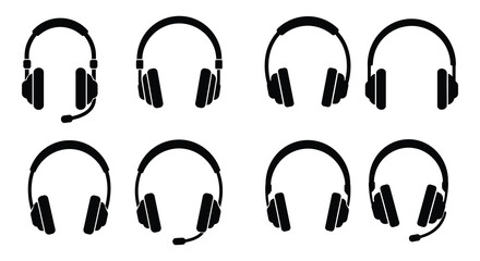 Eight different black headsets with microphones on a white background