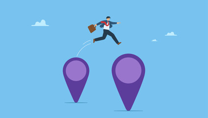 Businessman company owner jumping from map navigation pin to new one metaphor of relocation. Business relocation, move office to new address or transfer to new location.