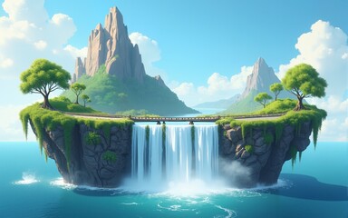 Floating islands with waterfall and road on both of them. Unique artistic design can be used in many nature or travel related projects showing distinctive idea and style with semi realistic vector