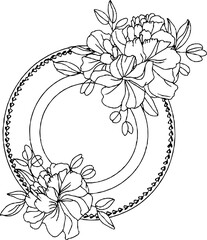 Decorative circular frame with intricate floral patterns, featuring detailed flowers and leaves, creates elegant and artistic design suitable for invitations or stationery