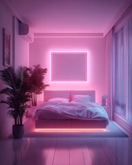Minimalist Bedroom Interior with Pink LED Lighting