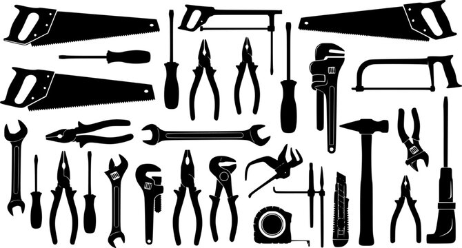 A collection of various hand tools including wrenches pliers saws screwdrivers and hammers in black silhouette | editable eps vectors