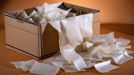 Cardboard box overflowing with white packing paper sheets on brown background, studio shot
