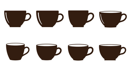 A collection of brown coffee mugs on a white background in simple silhouette style