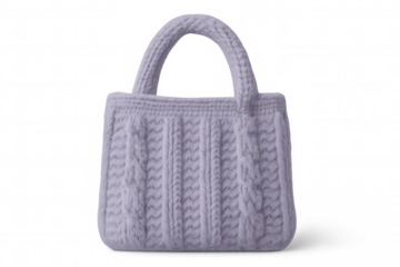 Purple knitted cable bag sitting on transparent studio backdrop, highlighting textured craftsmanship and versatile design for creative applications