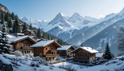 French Alps village – wooden chalets with snow-capped peaks