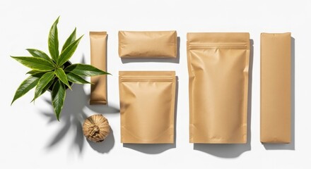 Minimalist Kraft Paper Packaging Mockup with Green Plant on White Background