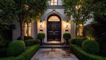 Obraz premium Elegant black front door with classic lanterns and greenery
