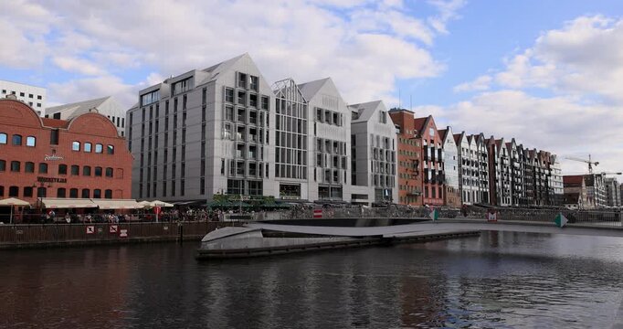 Gdansk Poland old town river bridge 4K. Baltic coast northern Poland. World War II started here German invasion. Economic international port. Historical buildings, tourist attractions.