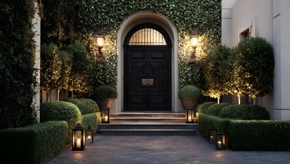 Fototapeta premium Elegant black front door with classic lanterns and greenery