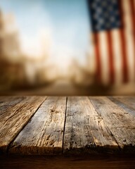Rustic Wooden Table with Blurred Cityscape and American Flag
