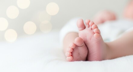 Close up shot of baby feet on white bedding with bokeh lights in the background on a soft surface