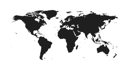 A black and white illustration of the world map on a plain background