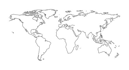 A black and white illustration of the world map on a plain background
