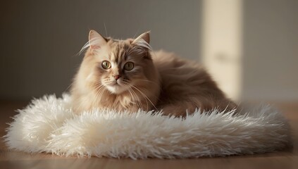 Obraz premium Gentle cat relaxing on soft rug cozy room animal photography calm background indoor viewpoint