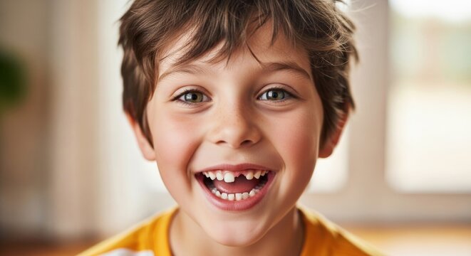 Happy Young Boy Showing Missing Front Teeth Smiling, Childhood Joy Portrait