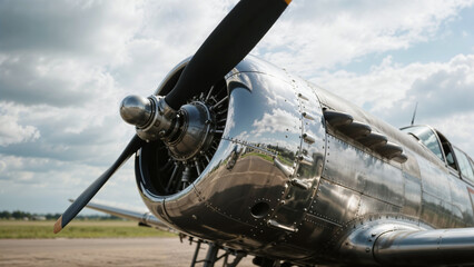 Fototapeta premium Close-up Vintage Airplane Propeller Engine Blue Sky Clouds