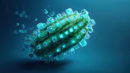 Abstract 3D render of a green, crystalline, biomorphic form, seemingly dissolving or assembling, with teal-glowing cube facets against a dark teal background.  Small, translucent cubes float around it