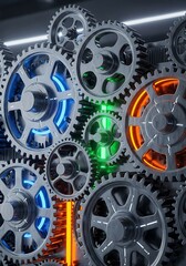 Intricate gears mechanism with vibrant glow, showcasing engineering, power and technology