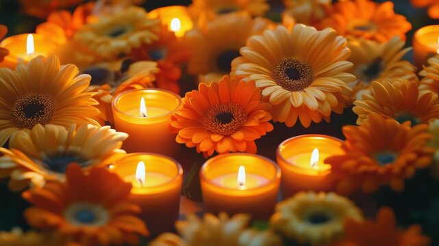 Fall-themed centerpiece featuring orange daisies and glowing candles in a circular arrangement.