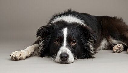 Fototapeta premium Resting border collie dog in neutral background pet photography indoor studio calm environment close-up perspective