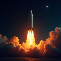 Obraz premium A fiery rocket launch streaks across the sky, launching a spaceship into the great unknown of space exploration