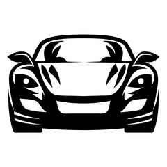 Stylized frontal view of a futuristic sports car rendered in black ink