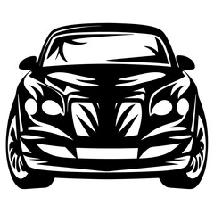 Black and white vector image of a car from a front view