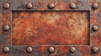 Striking Texture: Distressed Metal Panel with Rivets and Rich Brown Patina for Artistic Backdrops.
