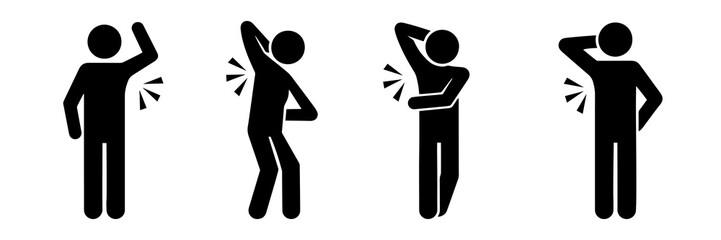 Set of stickman silhouette icons showing body pain in armpit, chest, and side. Vector flat style pictogram for medical, health care, illness, muscle injury, anatomy and hospital design.
