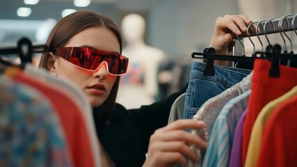 Futuristic Fashionista: Woman Browsing Clothes with Smart Glasses