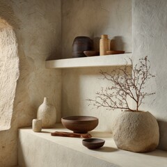 Beige shelf display of natural decor