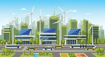 Sustainable Urban Future A Green City with Wind Turbines and SolarPowered Buildings.