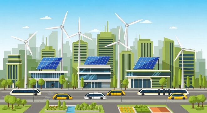 Sustainable Urban Future A Green City with Wind Turbines and SolarPowered Buildings.