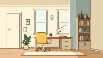 Minimalist home office interior with desk, chair, and bookshelf illustration