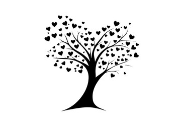 Silhouette of a tree with heart-shaped leaves stands alone in a darkened setting, creating a minimalist graphic.