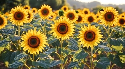 Fototapeta premium Vibrant Sunflower Field at Sunset Golden Hour Photography